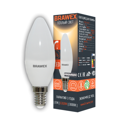 Светодиодная диммируемая LED лампа 7Вт мягкий свет B35 Е14 Brawex 0713A-B35-7L