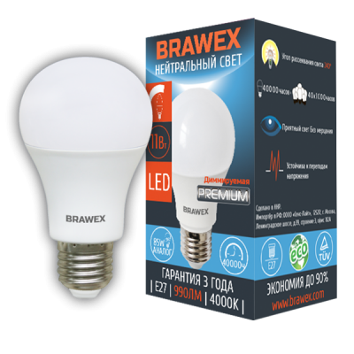 Классическая светодиодная диммируемая LED лампа 11Вт яркий свет А60 Е27 Brawex A60-11N-Dim