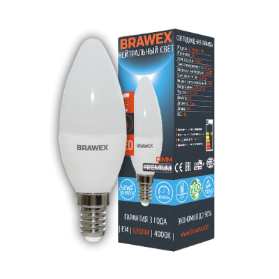 Светодиодная диммируемая LED лампа 7Вт яркий свет B35 Е14 Brawex 0713A-B35-7N
