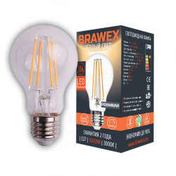 Светодиодная LED лампа филамент 11Вт мягкий свет A60 Е27 Brawex A60F-E27-11L