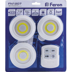 Светодиодный светильник-кнопка Feron FN1207 (3шт в блистере+пульт), 3W, белый артикул 23378