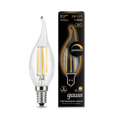 Лампа Gauss LED Filament Свеча на ветру dimmable E14 5W 420lm 2700K 1/10/50 104801105