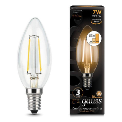 Лампа Gauss LED Filament Candle E14 7W 550lm 2700K step dimmable 1/10/50, шт 103801107