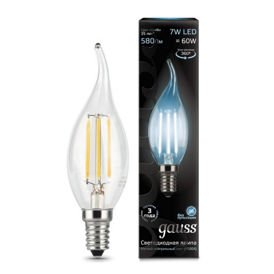 Лампа Gauss LED Filament Candle tailed E14 7W 580Lm 4100К 1/10/50, шт 104801207