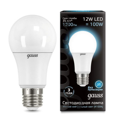 Лампа Gauss LED A60 globe 12W E27 4100K 1/10/40 102502212