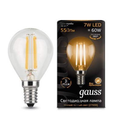 Лампа Gauss LED Filament Globe E14 7W 2700К 1/10/50, шт 105801107