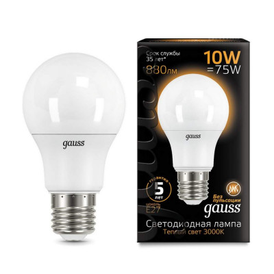 Лампа Gauss LED A60 E27 10W 3000К 1/10/50, шт 102502110