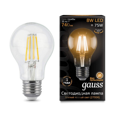 Лампа Gauss LED Filament A60 E27 8W 740Lm 2700K 1/10/40, шт 102802108