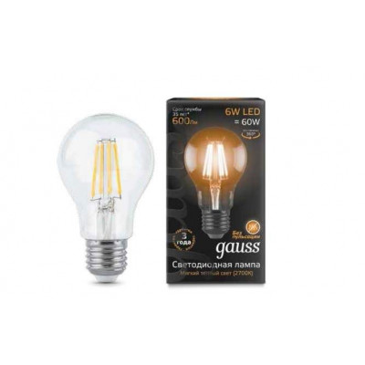 Лампа Gauss LED Filament A60, E27, 6W,2700K 1/1/40, шт 102802106