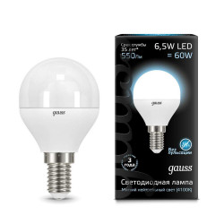 Лампа Gauss LED Globe E14 6.5W 100-240V 4100K 1/10/50