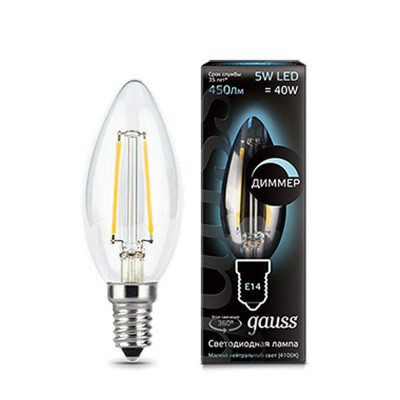 Лампа Gauss LED Filament Candle dimmableE14 5W 4100K 1/10/50, шт 103801205
