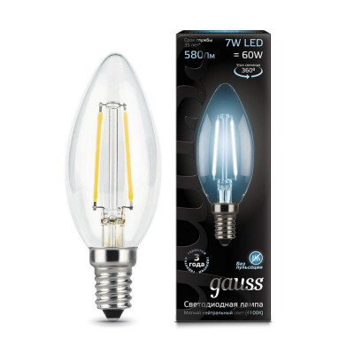 Лампа Gauss LED Filament Candle E14 7W 4100К 1/10/50, шт 103801207